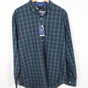 IZOD Essential Poplin Button Down Plaid Shirt Navy/Green Sz M NWT